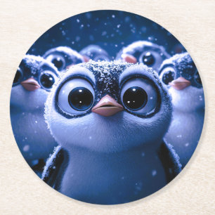 Süße Pinguinfamilie schneereiche Winternacht Runder Pappuntersetzer