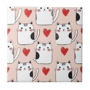 Süße Pink Kawaii Katzen & Herzen Muster (5) Fliese