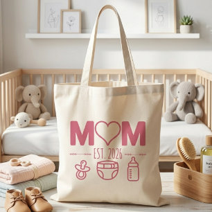 Süße Pinke Mama Est-Jahr Baby Icons Design Tragetasche