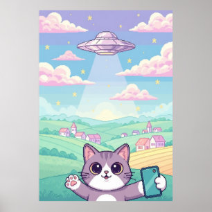 Süße Pixel-Art-Katze mit UFO im Pastellhimmel Kawa Poster