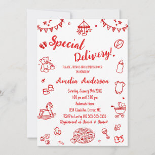 Süße Pizza-Sonderlieferung Doodle-Baby-Party Einladung