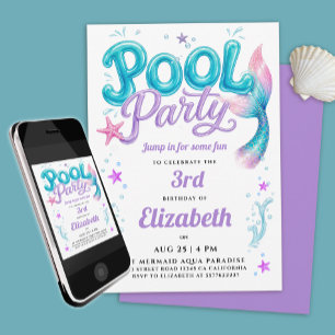 Süße Poolparty Blaue Lila Meerjungfrauen-Schwanz Einladung