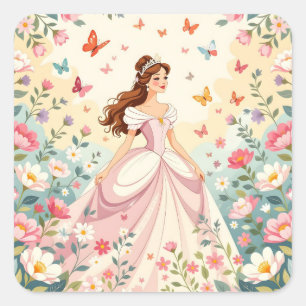 Süße Prinzessin mit Schmetterlingen Quadratischer Aufkleber