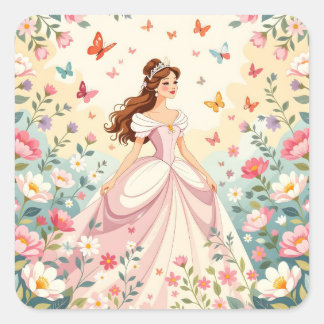 Süße Prinzessin mit Schmetterlingen Quadratischer Aufkleber