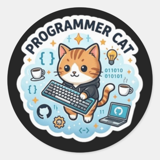 Süße Programmierer-Katze Coding Laptop-Aufkleber | Runder Aufkleber (Vorderseite)