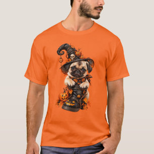Süße Pug-Hexe Halloween-Kürbis T-Shirt