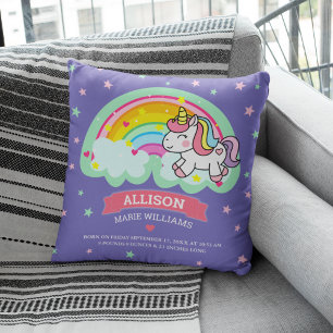 Süße Regenbogen-Einhorn-Lila-Geburtsstatistik Kissen