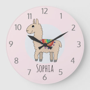 Süße Regenbogen-Lama-Cartoon und Name für Mädchen Große Wanduhr