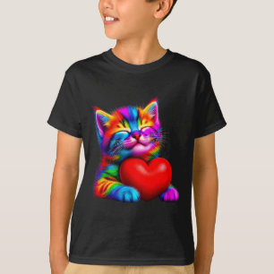 Süße Regenbogenkatze umarmt Valentinsherz Kitty Lo T-Shirt