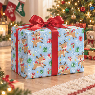Süße Rentiere Blaue Kinder Weihnachtsverpackungspa Geschenkpapier