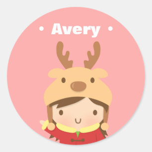 Süße Rentiere-Mützen-Mädchen-Kinder-Weihnachts-Fül Runder Aufkleber