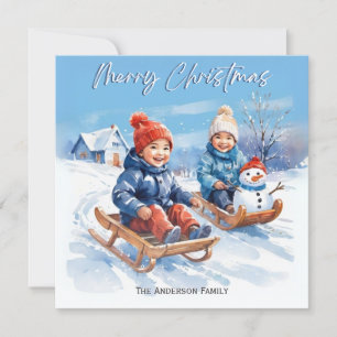 Süße Retro-Aquarell-Kinder-Schlitten-Schneeszene Feiertagskarte