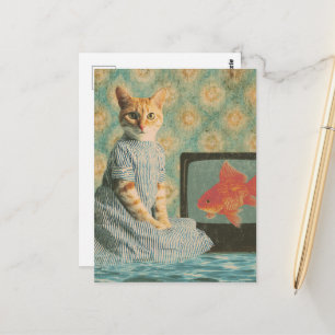 Süße Retro-Gingerkatze mit Goldfisch Retro-Collage Postkarte