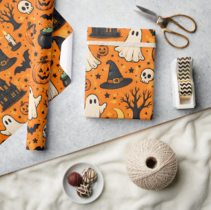 Süße Retro-Halloween-Geister & Kürbisse Geschenkpapier