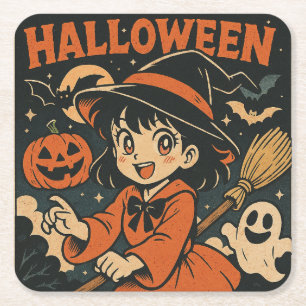 Süße Retro-Japanische Cartoon-Halloween Rechteckiger Pappuntersetzer