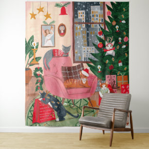 Süße Retro-Katzen Weihnachten Ferien Wandteppich