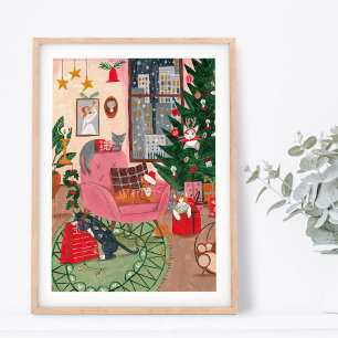 Süße Retro-Katzen zu Hause Weihnachten in New York Poster