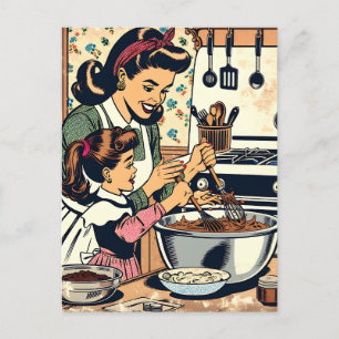 Süße Retro-Mutter und Tochter backen zusammen Postkarte