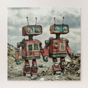 Süße Retro-Roboter in Liebe Händchen haltend