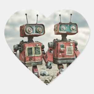 Süße Retro-Roboter verliebt Hand in Hand Herz-Aufkleber