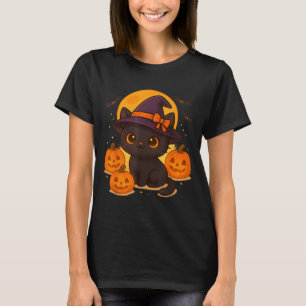 Süße Retro-Schwarze-Katze-Hexe-Kürbis-Halloween T-Shirt