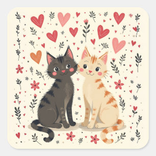 Süße Retro-Valentinskatzen Quadratischer Aufkleber