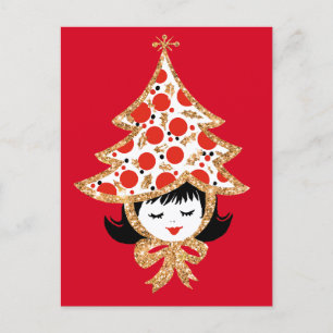 Süße Retro Vintage Weihnachtsgirl mit Baumhut Feiertagspostkarte