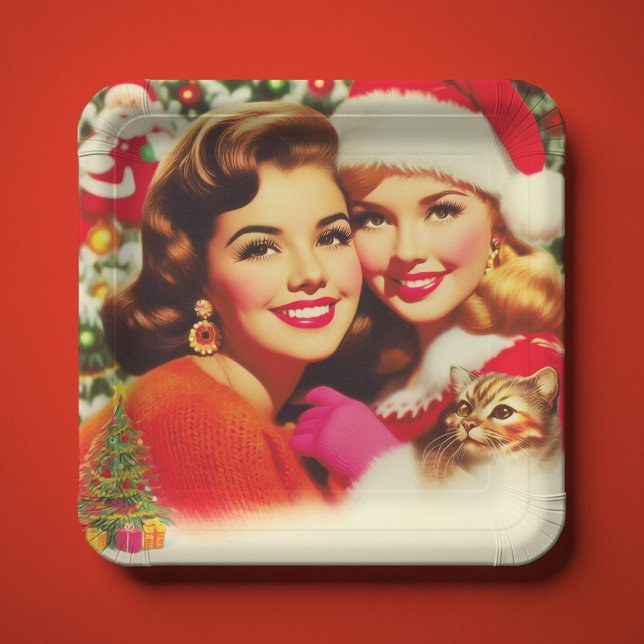 Süße Retro-Weihnachtsmädchen Pappteller (Von Creator hochgeladen)
