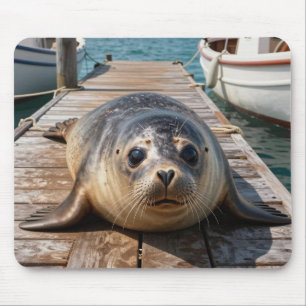 Süße Robbe liegt auf Bootssteg Ozeanpier Mousepad