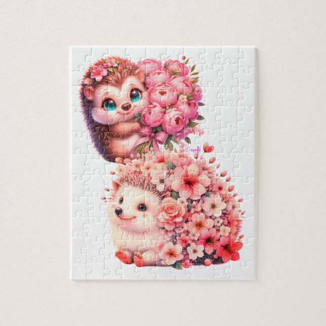 Süße romantische Florale Igel-Duo-Illustration (Vertikal)