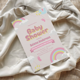Süße rosa Babyparty-Einladung mit Regenbögen       Einladung