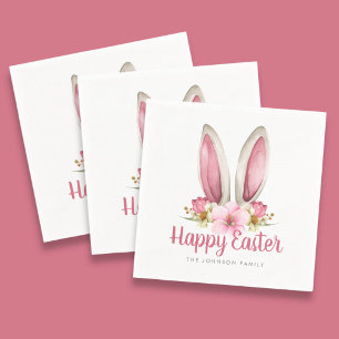 Süße rosa Blumen-Hasenohren Frohe Ostern Serviette