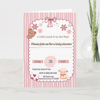 Süße rosa Coquette-Lamm- und Bär-Babyshower-Einlad Karte