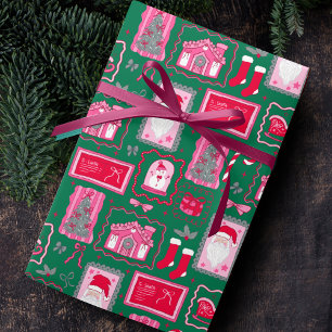 Süße rosa Coquette-Rahmen Muster Weihnachten grün Geschenkpapier