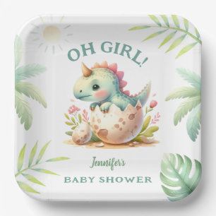 Süße rosa Dino-Mädchen-Dinosaurier-Baby-Party Pappteller