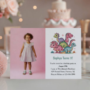 Süße rosa Dinosaurier-Foto-Kinder-3. Geburtstagsfe Einladung