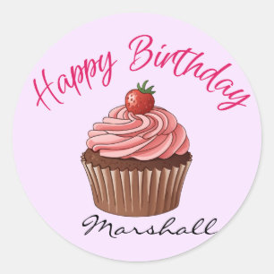 Süße rosa Erdbeer-Cupcake-Happy-Birthday-Rund Runder Aufkleber