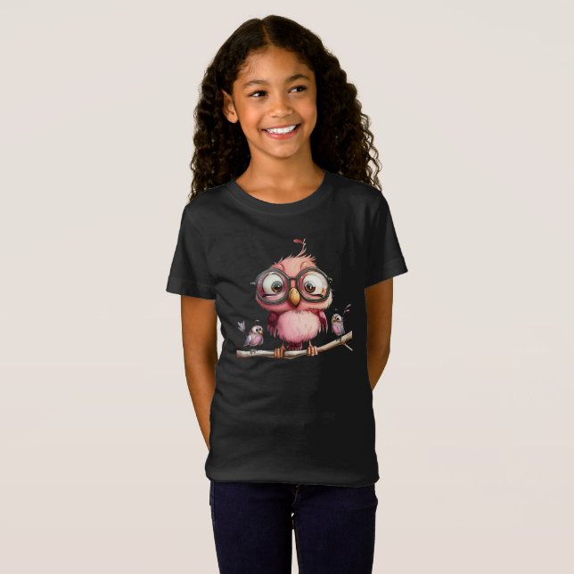 Süße rosa Eule und Vogel Freunde T-Shirt (Vorne ganz)