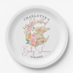 Süße rosa florale Mond Mädchen Elefant Baby Shower Pappteller