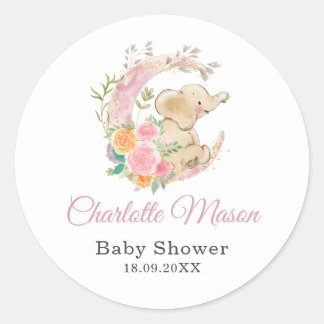 Süße rosa florale Mond Mädchen Elefant Baby Shower Runder Aufkleber