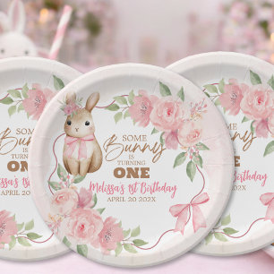 Süße rosa florale Some Bunny Turning One Geburtsta Pappteller