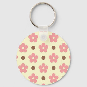 Süße rosa florale und braune Polka-Punkte Retro Schlüsselanhänger