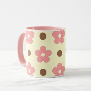 Süße rosa florale und braune Polka-Punkte Retro Tasse