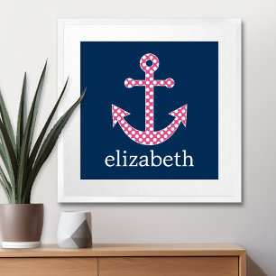 Süße rosa gepunktete Anker mit marineblauem Namen Poster
