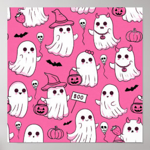 Süße rosa Halloween-Geister Kawaii Gruselparty Poster