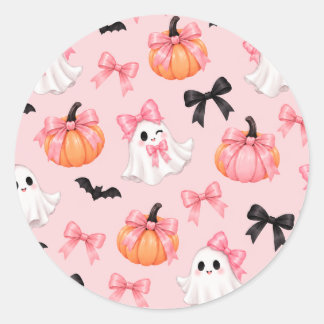Süße rosa Halloween-Geister & Schleifen Muster Auf Runder Aufkleber