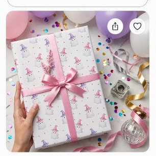 Süße rosa Halloween-Geister und Hexenhüte Geschenkpapier