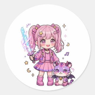 Süße rosa Kawaii-Dämonenjägerin mit magischem Schw Runder Aufkleber