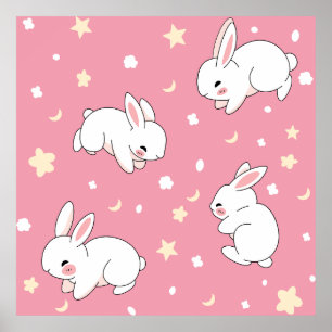 Süße rosa Kawaii-Hasen-Doodle Poster