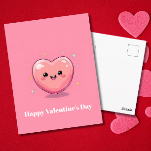 Süße rosa Kawaii-Herz-Valentinstagskarte Postkarte